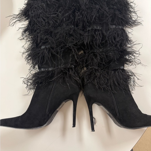 Nasty Gal Black Feather-Trim Over-the-Knee Stiletto Boots - Picture 2 of 5